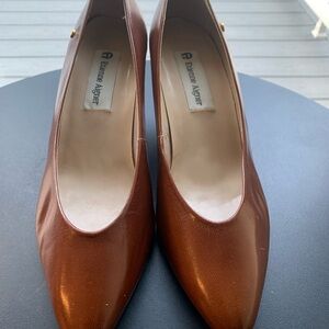 Etienne Aigner Brown Leather Pointed Toe Pumps with Gold Accent